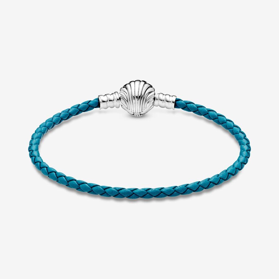 Pandora Moments Seashell Clasp Turquoise Braided Leather Bracelet