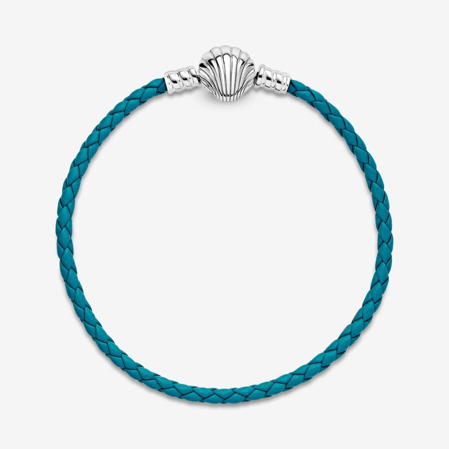 Pandora Moments Seashell Clasp Turquoise Braided Leather Bracelet