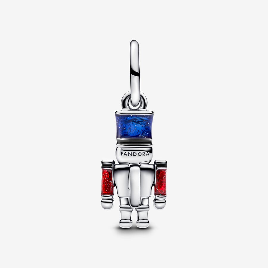 Moveable nutcracker sterling silver dangle with clear cubic zirconia, glittery blue, red and black enamel