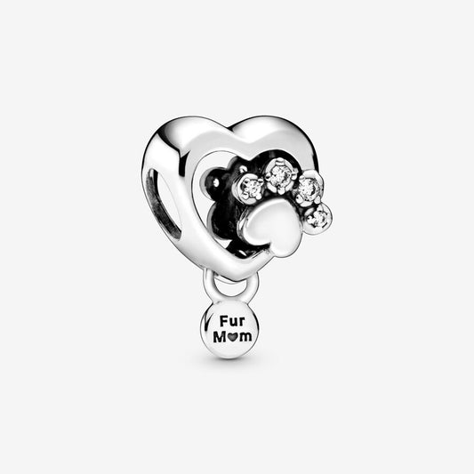 Paw heart sterling silver charm with clear cubic zirconia